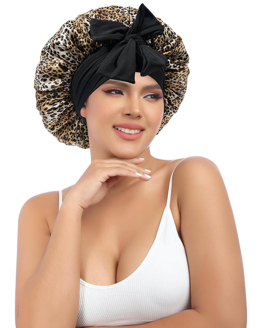 AWAYTR Silk Bonnet for Sleeping Women 100% Mulberry Silk Bonnet with Band 2 Layer Reversible Hair Bonnet Sleeping Hair Wrap (Leopard/Black)