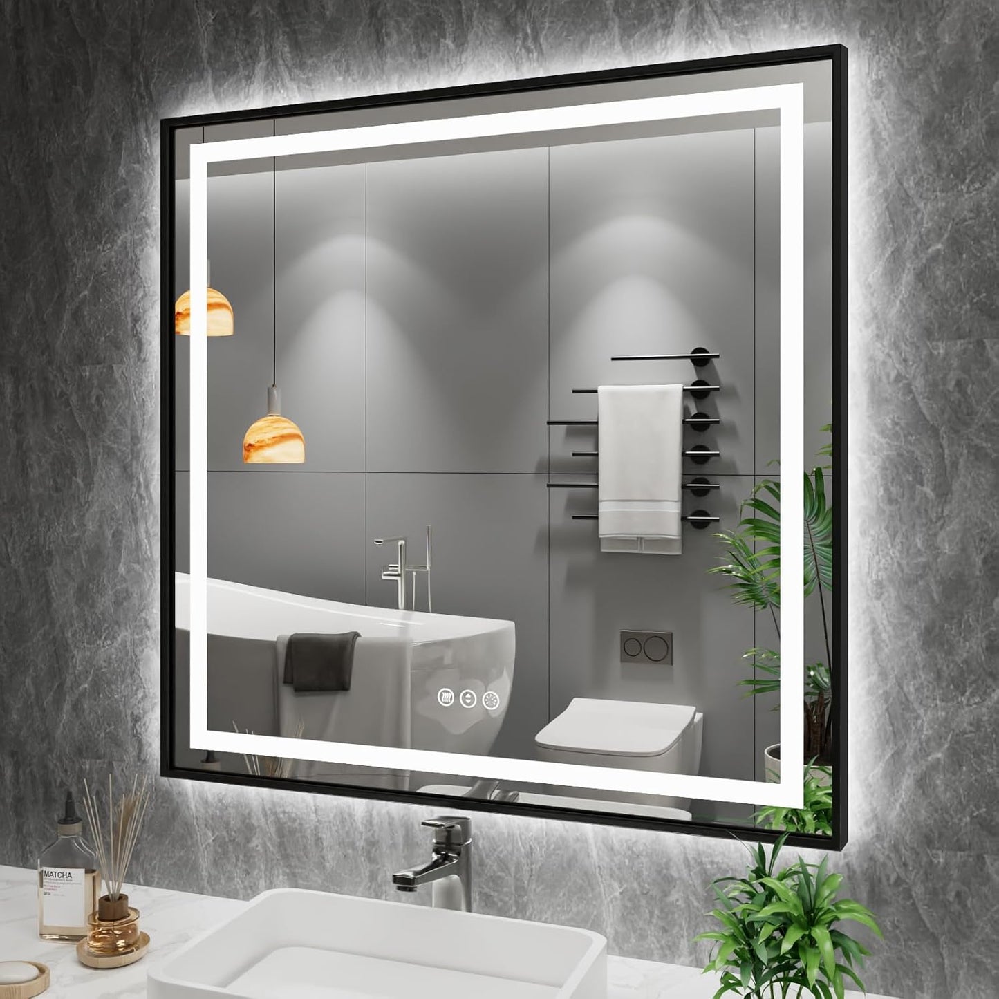 Amorho 32"x 32" LED Bathroom Mirror with Black Frame, Front Light and Backlit, Stepless Dimmable, Anti-Fog, Shatter-Proof, Memory, 3 Colors, Double LED Vanity Mirror