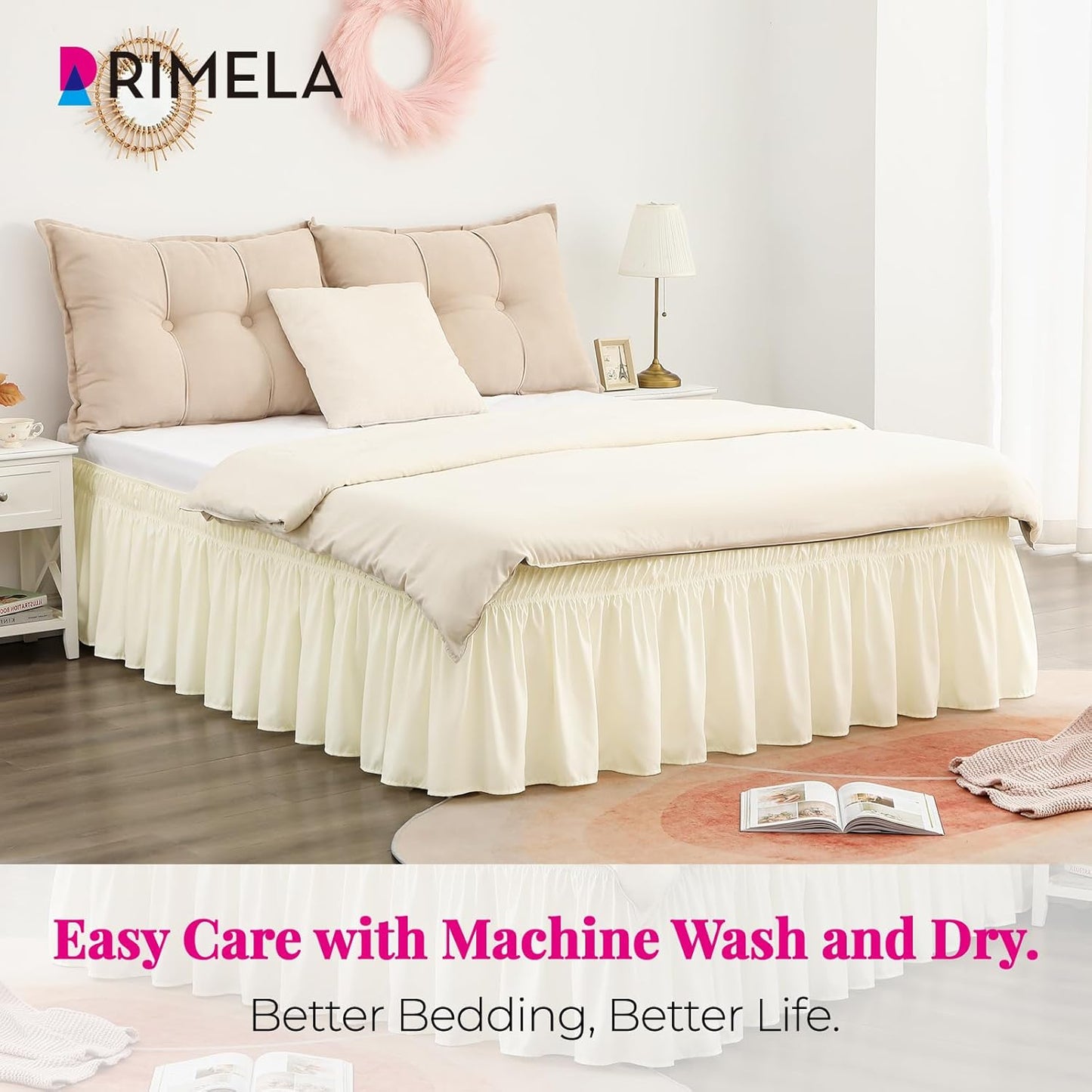RIMELA Cream Yellow Bed Skirt Queen Size 18 Inch Drop, Elastic Bed Skirting for Bed Base and Frame, Bedding Dust Ruffle Easy to Install, Lightweight Wrap Around Adjustable Bedskirt