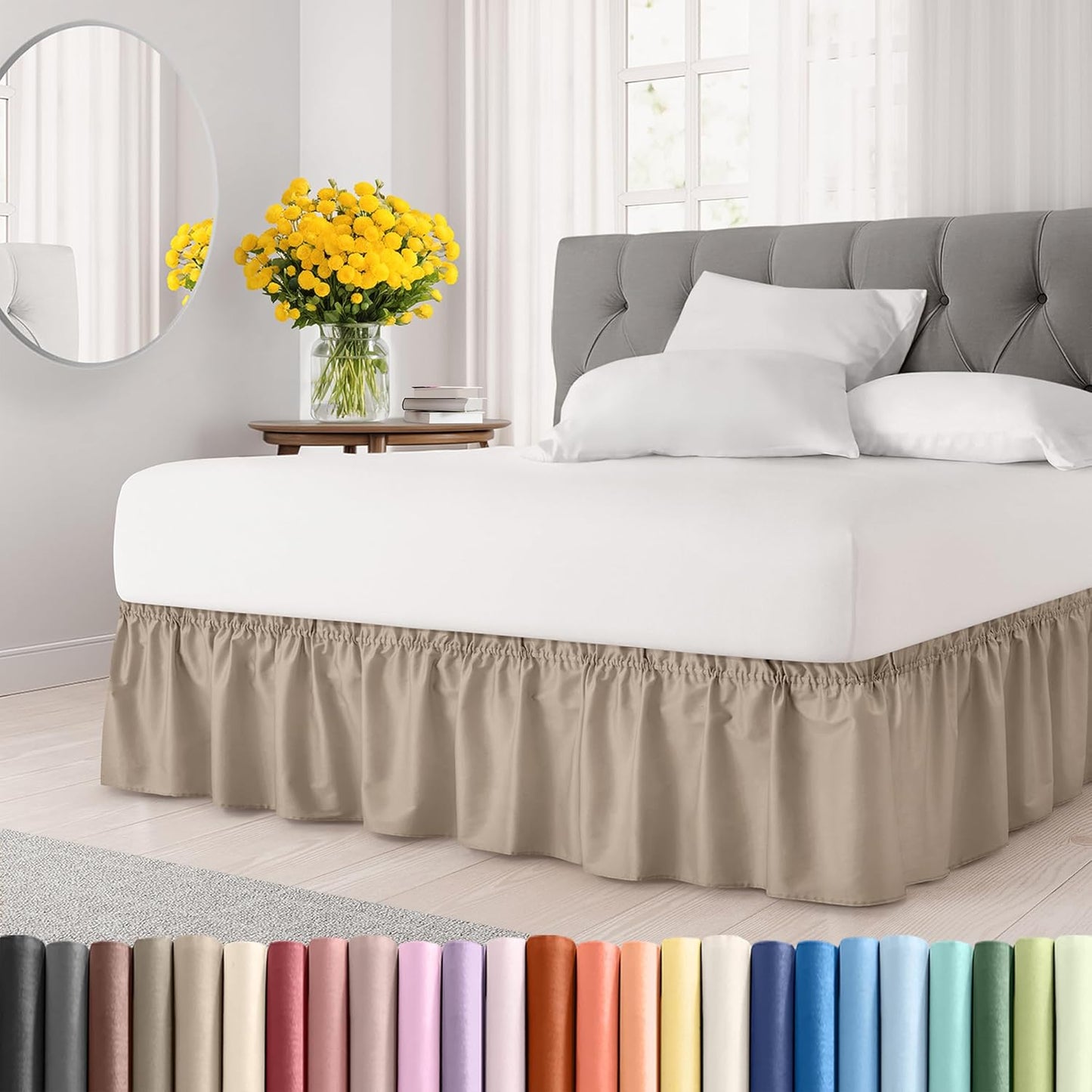 Wrap Around Dust Ruffle Bed Skirt - Cream - for King Size Beds w/ 16 Inch Drop - Easy Fit Elastic Strap - Adjustable Pleated Bedskirt w/Brushed Fabric, Wrinkle & Fade Free Women, Men, Kids & Teens