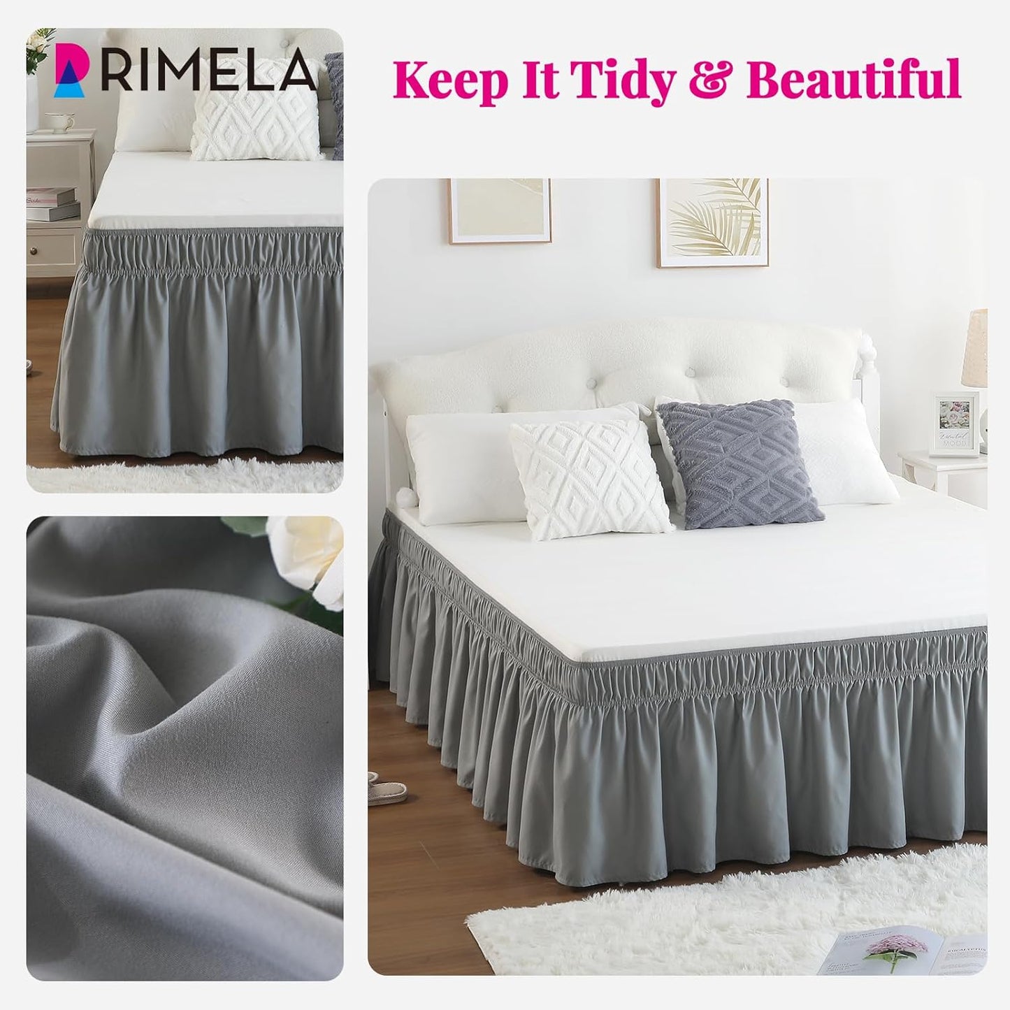 RIMELA Grey Queen Bed Skirt 18 Inch Drop,Elastic Bed Skirts Queen Size Dust Ruffle, Light Gray Bedskirt for Adjustable Bed Base Solid Wrinkle and Fade Resistant Silky Luxurious Fabric Machine Washable