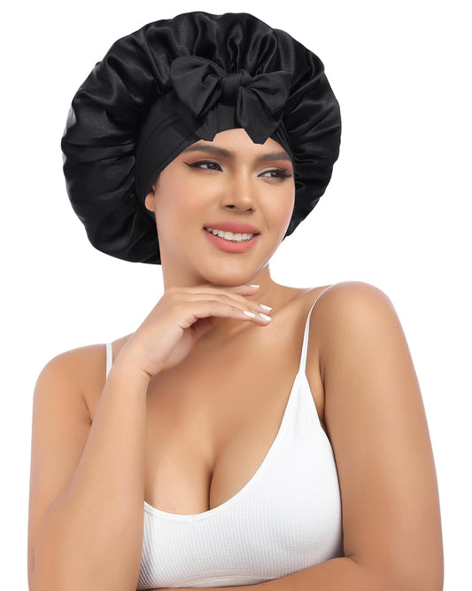 AWAYTR Silk Bonnet for Sleeping Women 100% Mulberry Silk Hair Bonnet with Band 2 Layer Reversible Sleeping Hair Wrap (Black, 7 3/8)