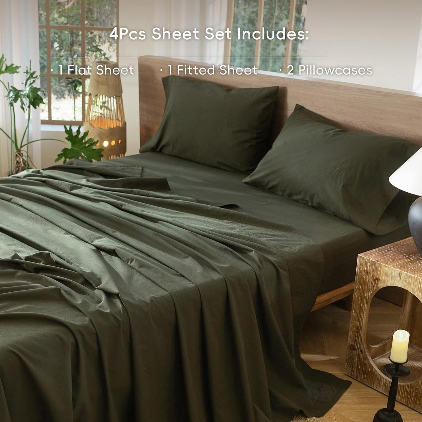 MooMee Bedding Sheet Set 100% Washed Cotton Linen Like Textured Breathable Durable Soft Comfy (Solid Olive Green, King)