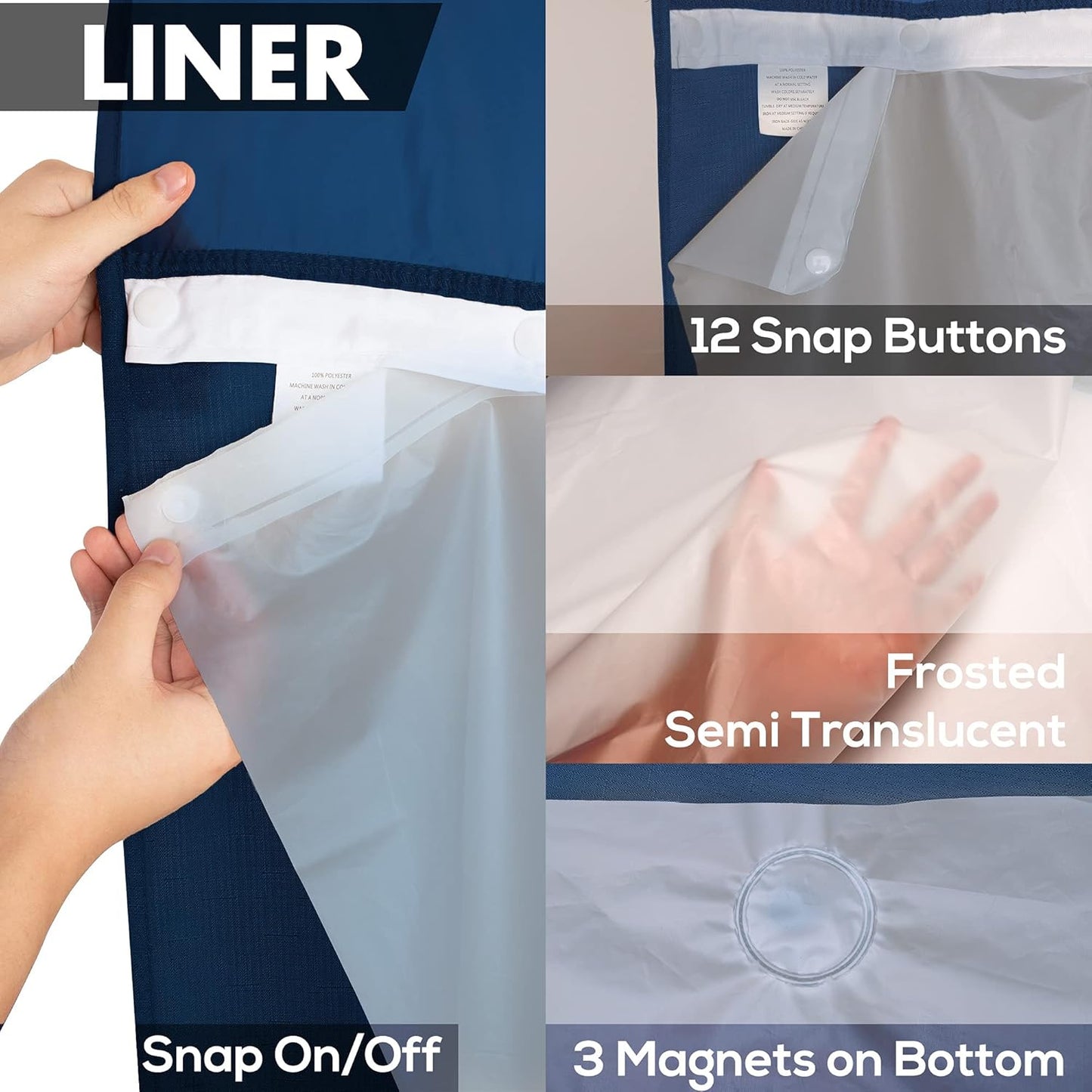 No Hook Slub Textured Shower Curtain with PEVA Liner Set - 71" x 74"(72"), Hotel Style with See Through Top Window, Machine Washable & Water Repellent Fabric, Navy Blue, 71x74