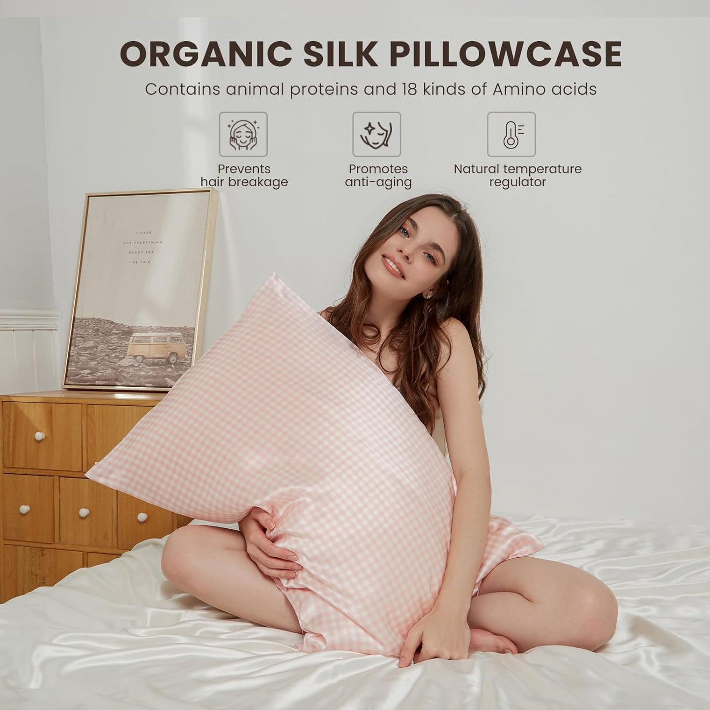 THXSILK Pink Plaid Style 6A+ Grade Mulberry Silk Pillowcase for Hair and Skin, 22 Momme Silk Pillow Case with Hidden Zipper, Organic Silk Pillowcase King Size 20x36 inches, 1PC, Pink Plaid