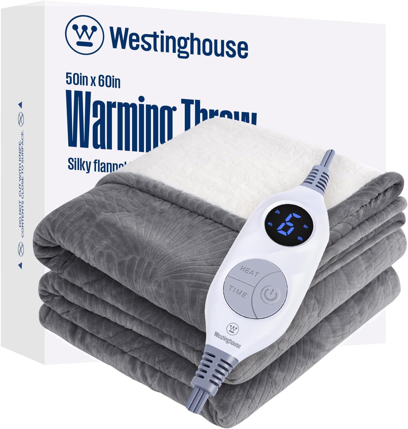 Westinghouse Heated Throw Blanket, Flower Jacquard Electric Blanket Throw with 6 Heating Levels& 2-10 Hours Auto-Off, Flannel to Sherpa Super Cozy Heated Blanket, Machine Washable (50x60‘’ Light Grey)