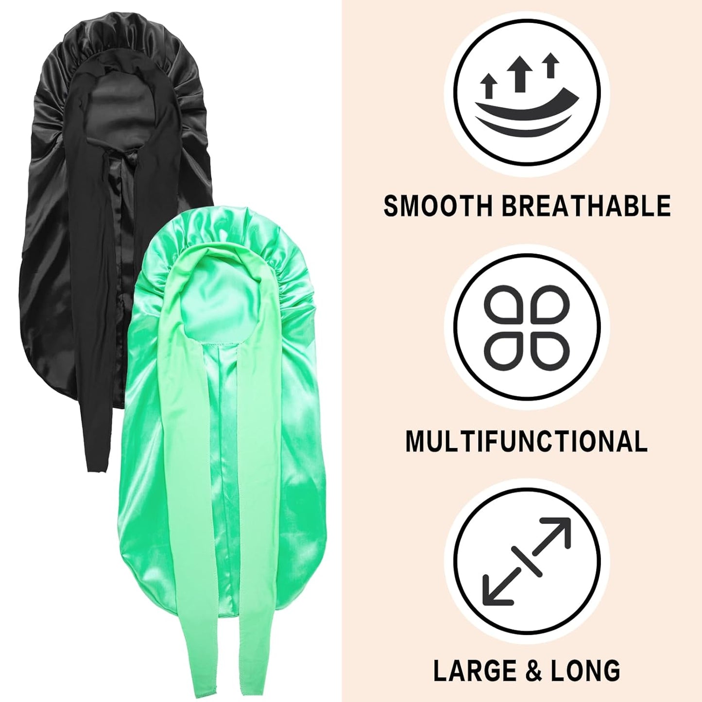 2Pcs Bonnets for Black Women Braid Bonnet, Large Long Satin Bonnet for Braids, Silk Bonnet with Stretchy Tie Band Sleep Cap Hair (2Pcs-Black&Green)