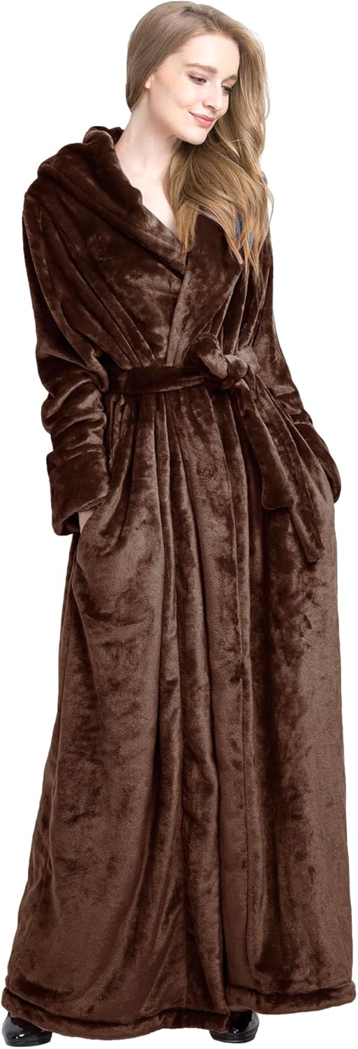 Women's Plush Robe Extra Long Robe with Pockets Thicken Soft Warm Bathrobe