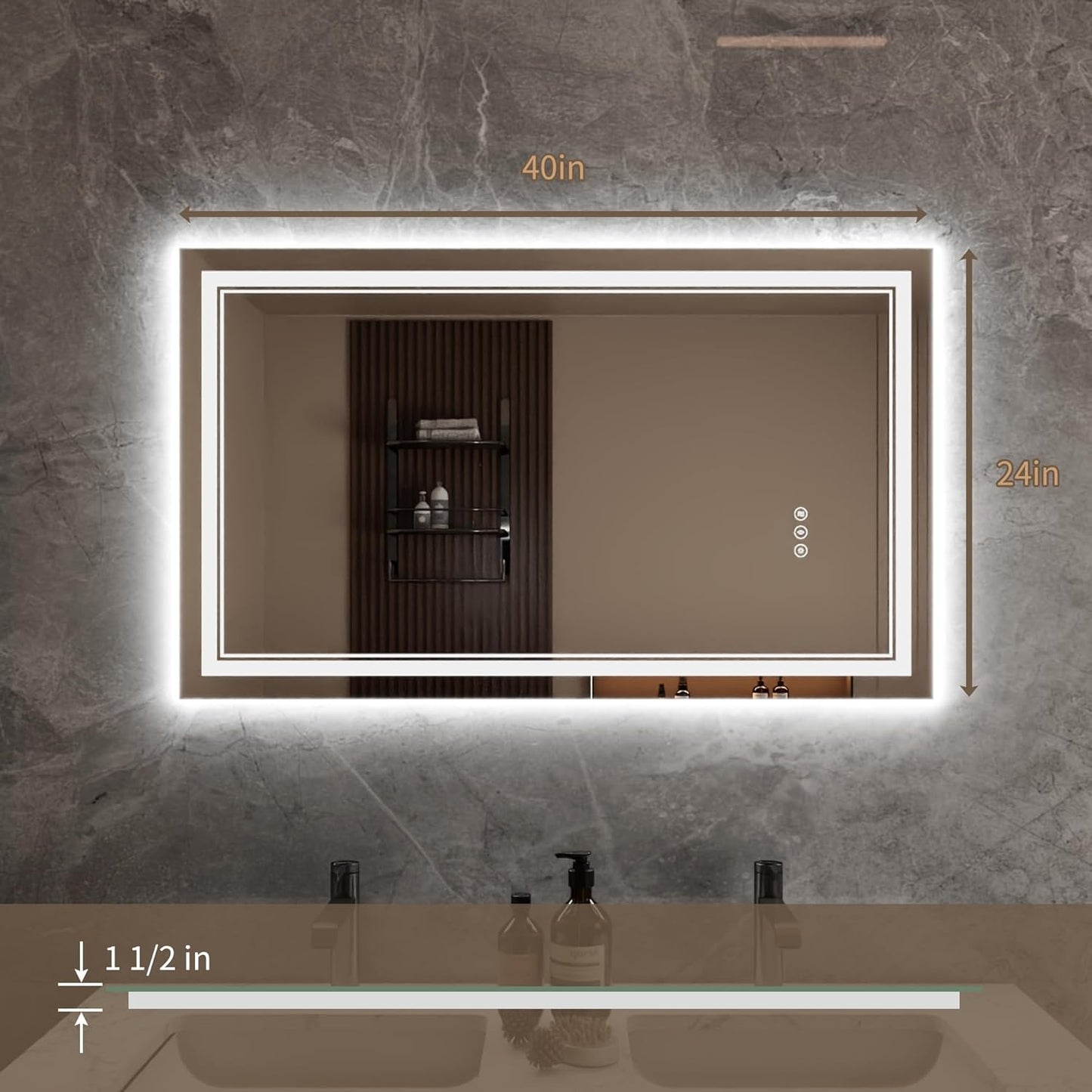 Bathroom Mirror with Lights 24"X40" with Front Light and Backlit, Tempered Glass, Wall Mount Horizontal/Vertical, Stepless Dimmable, 3 Colors, Anti Fog, Bathroom Memory LED Mirror