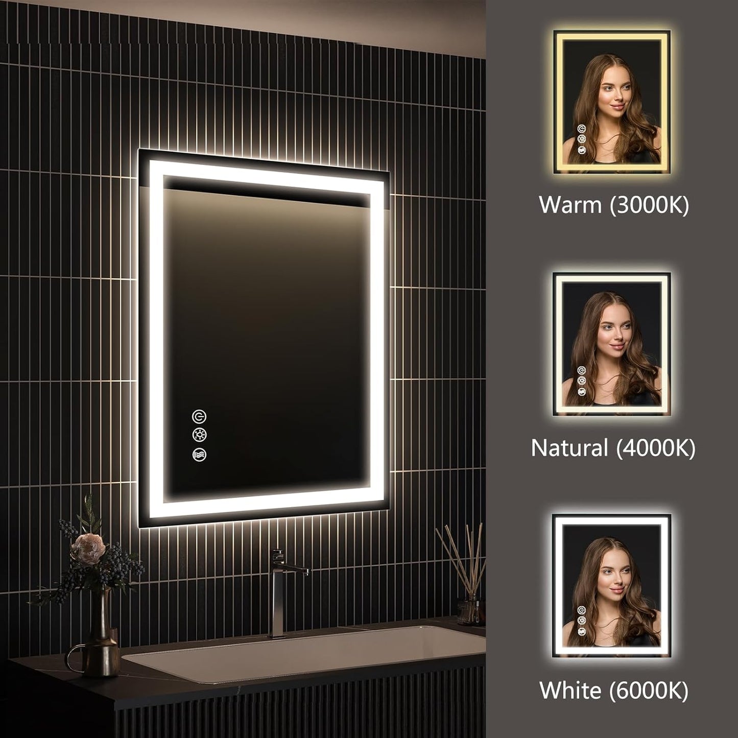 APRILSOUL 24x32 Inch LED Bathroom Mirror with Front and Backlit, Makeup Mirror with 3 Color Lights, Memory Function, Anti-Fog and Dimmable Light (Horizontal/Vertical)