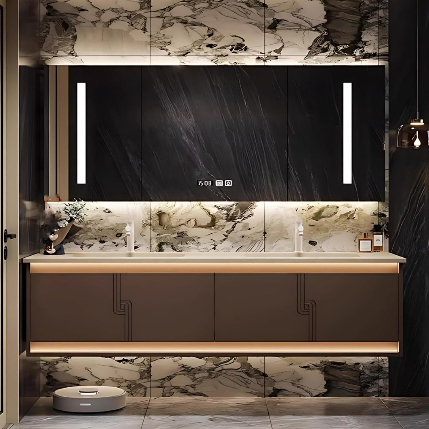 64IN Bathroom Vanity Set with Sink, Smart Defogging Vanity Mirror with 2 Light Strips | with Motion Sensing Light Strips, Bathroom Double Vanities with Sink Includes 2 Drawers (Mirror Cabinet)