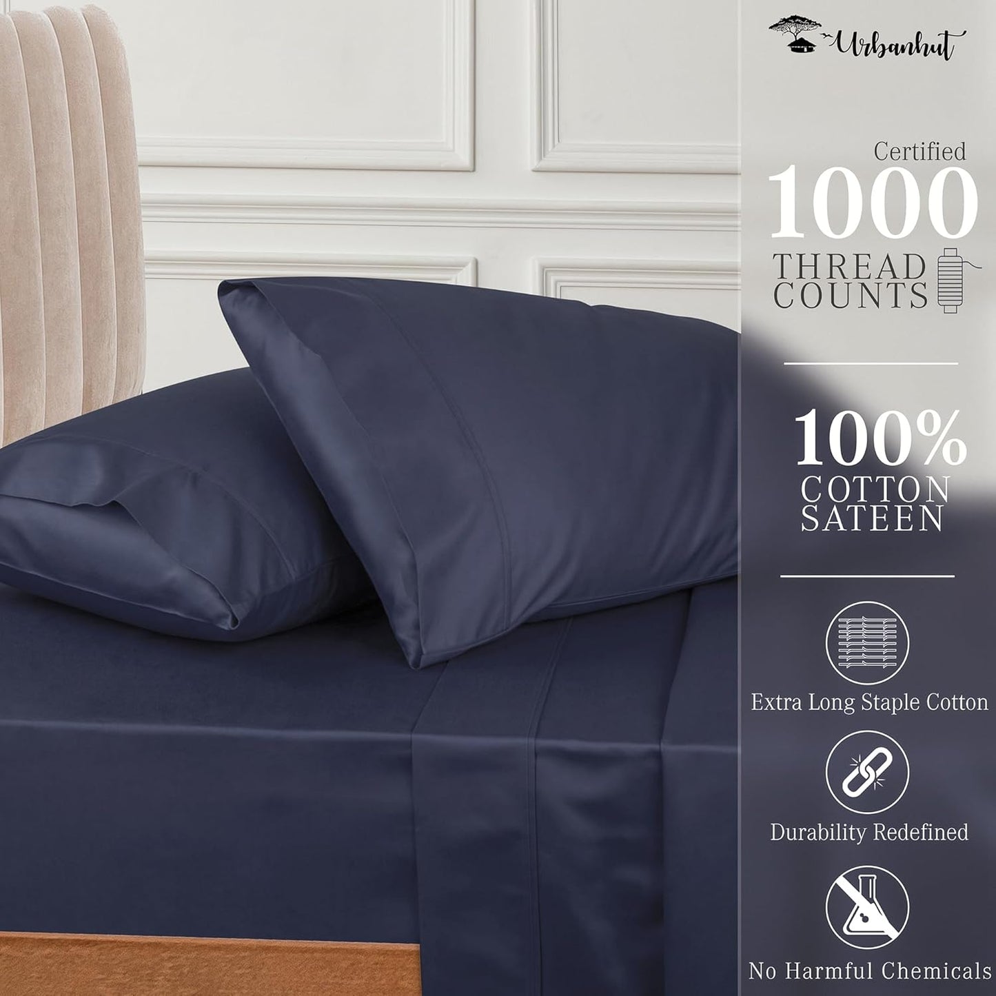 URBANHUT 1000 Thread Count California King Sheet Set Egyptian Cotton, Long Staple Soft & Breathable, 4 Pc Bed Sheet Sets, Luxury Hotel Sateen Sheets Fits 16" Deep Pocket - Navy Blue