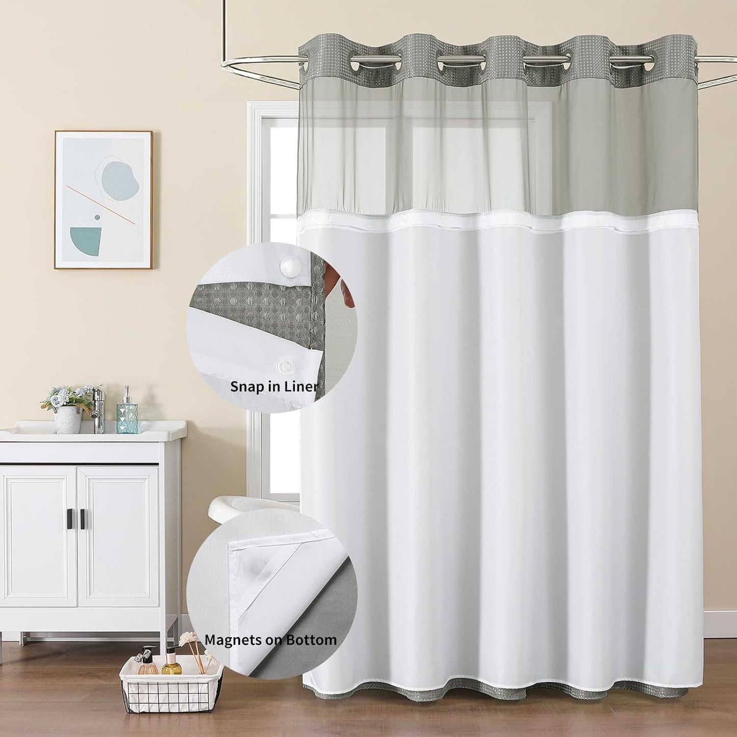 Colorful Star No Hook Shower Curtain with Snap in Fabric Liner, Waffle Weave Heavy Duty Thick Shower Curtains with Mesh Top Window, Hotel Style Waterproof Bathroom Curtain Set, 72 x 81 Inch, Grey
