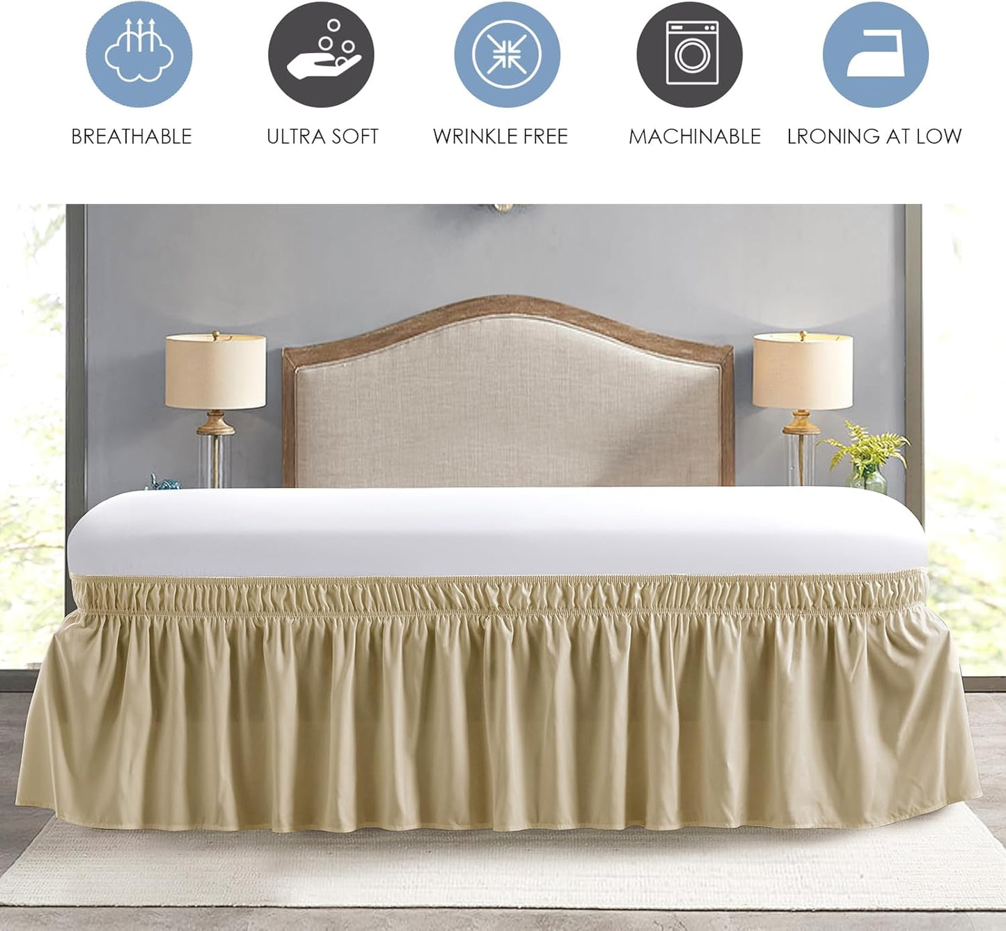 FreshCulture Twin Bed Skirt, Elastic Wrap Around Bed Skirt Twin Size, Bed Skirts for Adjustable Bed, Easy Fit with 18 Inch Drop Length, Hotel Quality Dust Ruffle for Twin Bed (Beige)