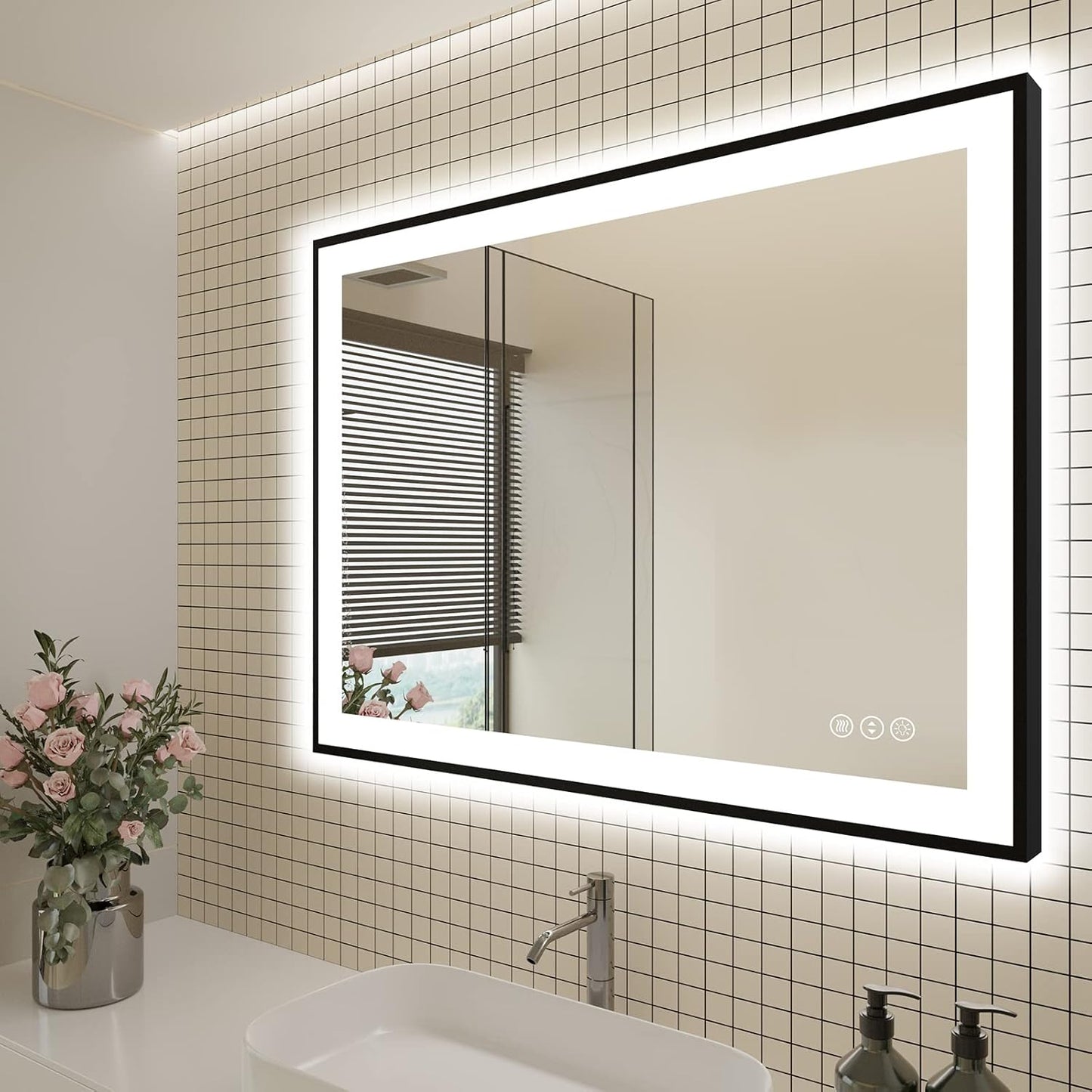 48x36 LED Bathroom Mirrors for Wall - Black Aluminum Framed(Front and Backlit),Anti-Fog Vanity Mirror with Lights,Stepless Dimmable Lighted Mirror,3 Colors Smart Mirror(Horizontal/Vertical)