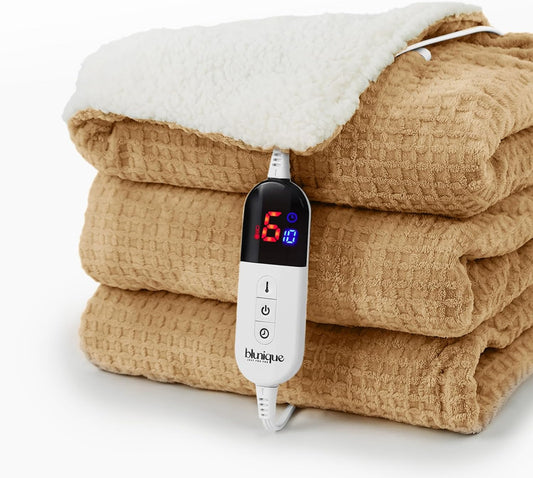 Heated Blanket Electric Blanket Full Waffle,72x84 Inches Sherpa Fleece Fast Heating Blanket 6 Heating Levels & 10 Hours Auto Off ETL Certification, Caramel Full