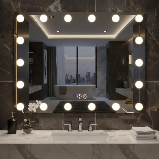 40x32 Hollywood Bathroom Mirror with LED Bulbs, 3 Colors Modes, Dimmable CRI90+ Lights Mirror, Fog Free Mirror, Shatter-Proof, Corrosion Resistant, Memory Function, Touch Control, Wall Mounted