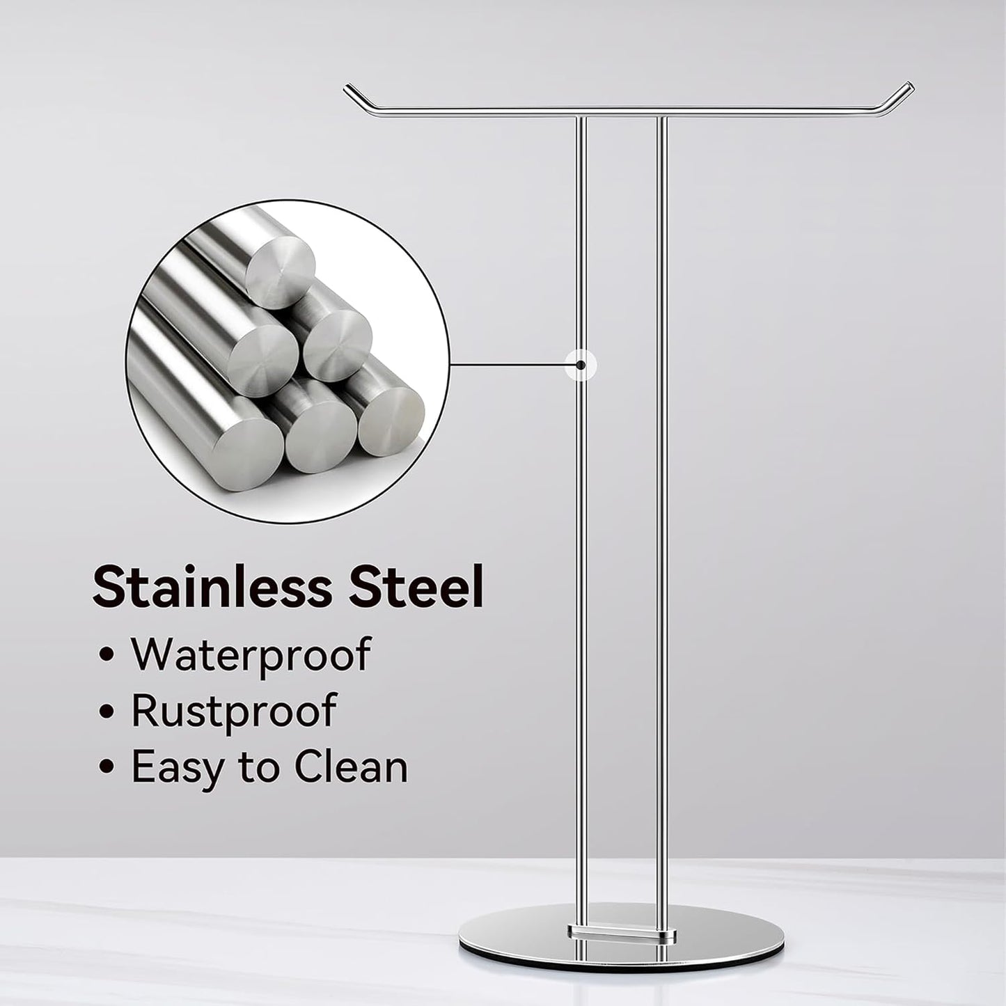 T-Shaped Hand Towel Holder Stand – Countertop Stainless Steel Towel Rack with Non-Slip Base for Bathroom, Kitchen, Vanity, Silver