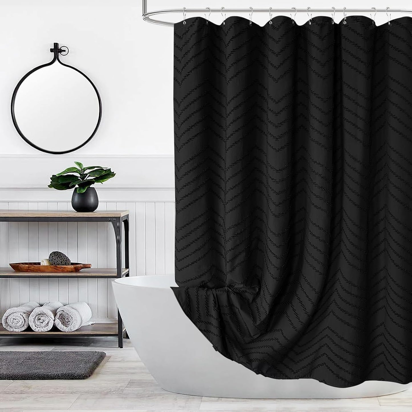 Extra Long Black Boho Shower Curtain 84 Inch Black Tufted Chevron Striped Fabric Shower Curtains for Bathroom Modern Shabby Chic Waterproof Cloth Shower Curtain Set with Hooks