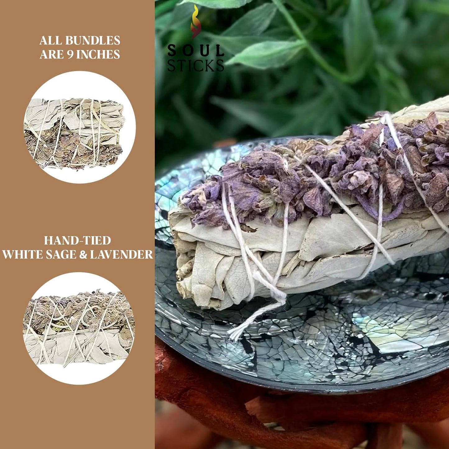 Soul Sticks 9 Inch 1 Pack Organic White Sage & Lavender Smudge Stick With Starter Guide, Bulk Quantities for Home Cleansing, Meditation, & Smudging Rituals, Sustainably Sourced California White Sage