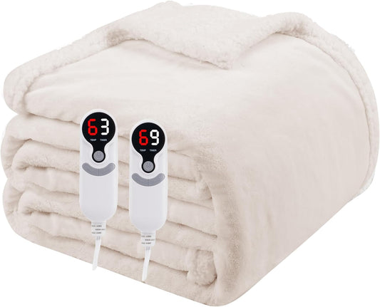 Electric Heated Blanket Queen Size 84"x90", Soft Flannel with Dual Controllers & Overheat Protection, 6 Adjustable Heat Settings & 10-Hour Auto-Off Timer, Fast Heating for Winter Comfort, White