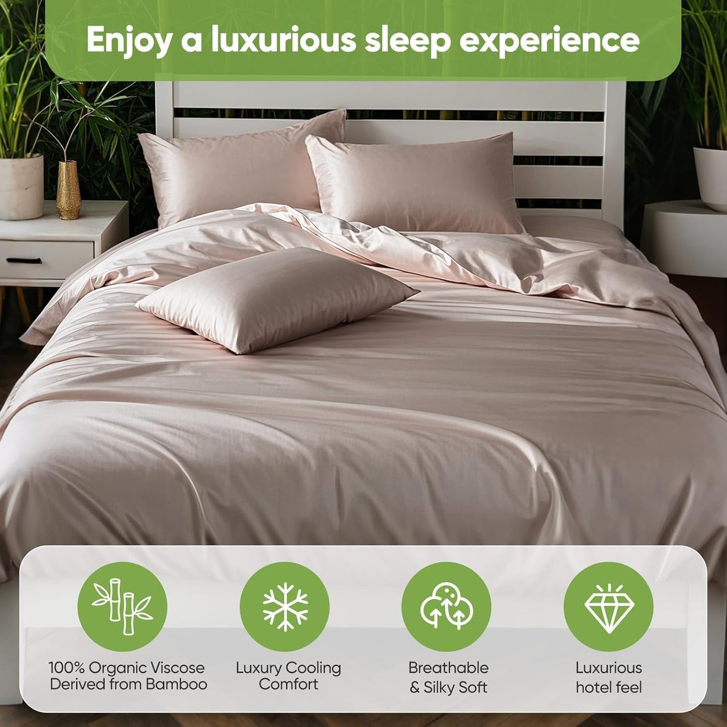 TWK Luxury Sheet Set, Genuine 100% Viscose Derived from Bamboo, Cooling & Breathable, Silky Soft, Bedding Sheets & Pillowcases (Sand, King)