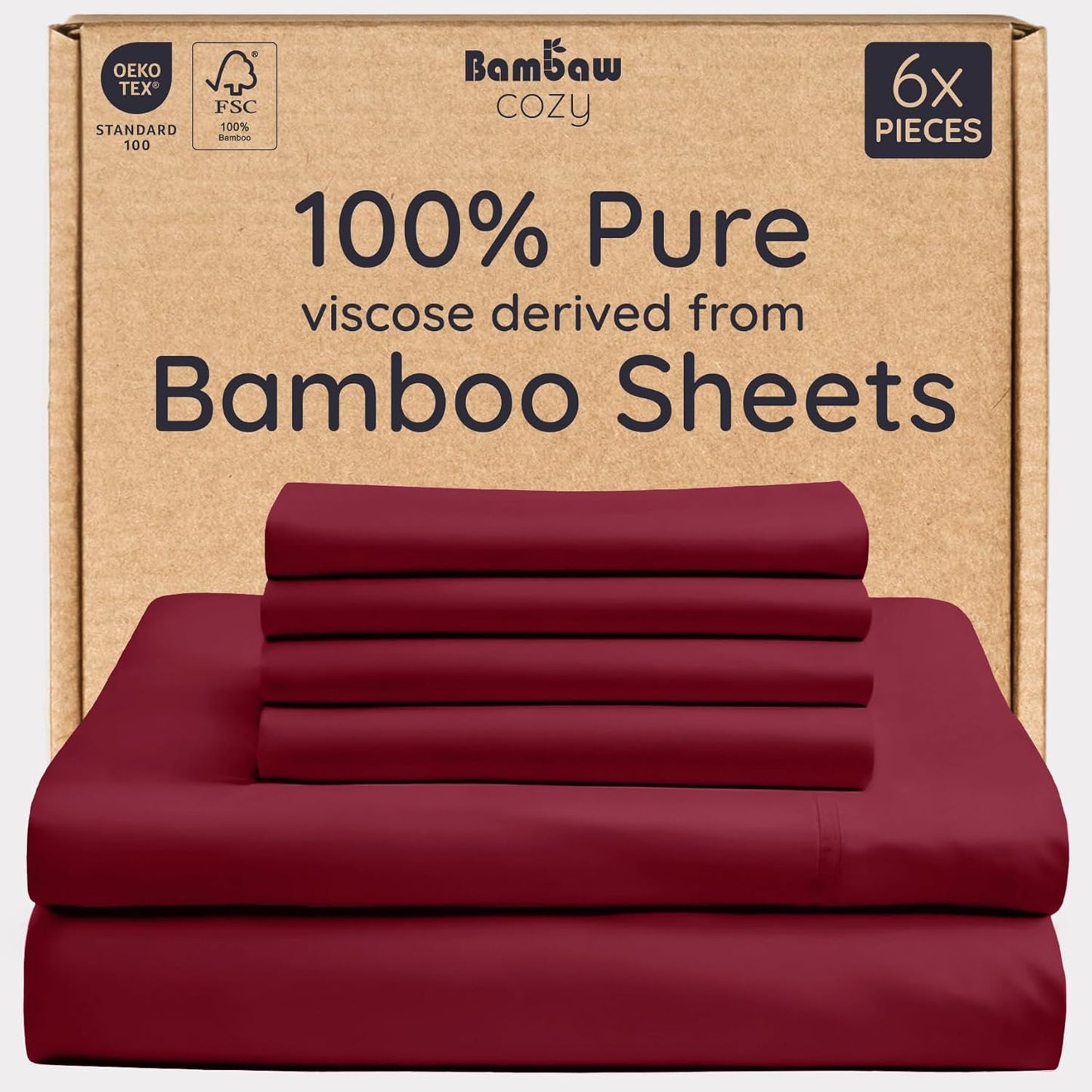 Bambaw 100% Viscose Derived from Bamboo Sheets King Set – 6pcs Set of Cooling Sheets King Size Deep Pocket, Fits Up to 16'' with Elastic Corner Straps, Ultra Soft Bed Sheets King (Burgundy)