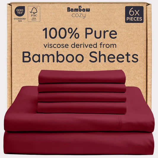 Bambaw 100% Viscose Derived from Bamboo Sheets King Set – 6pcs Set of Cooling Sheets King Size Deep Pocket, Fits Up to 16'' with Elastic Corner Straps, Ultra Soft Bed Sheets King (Burgundy)