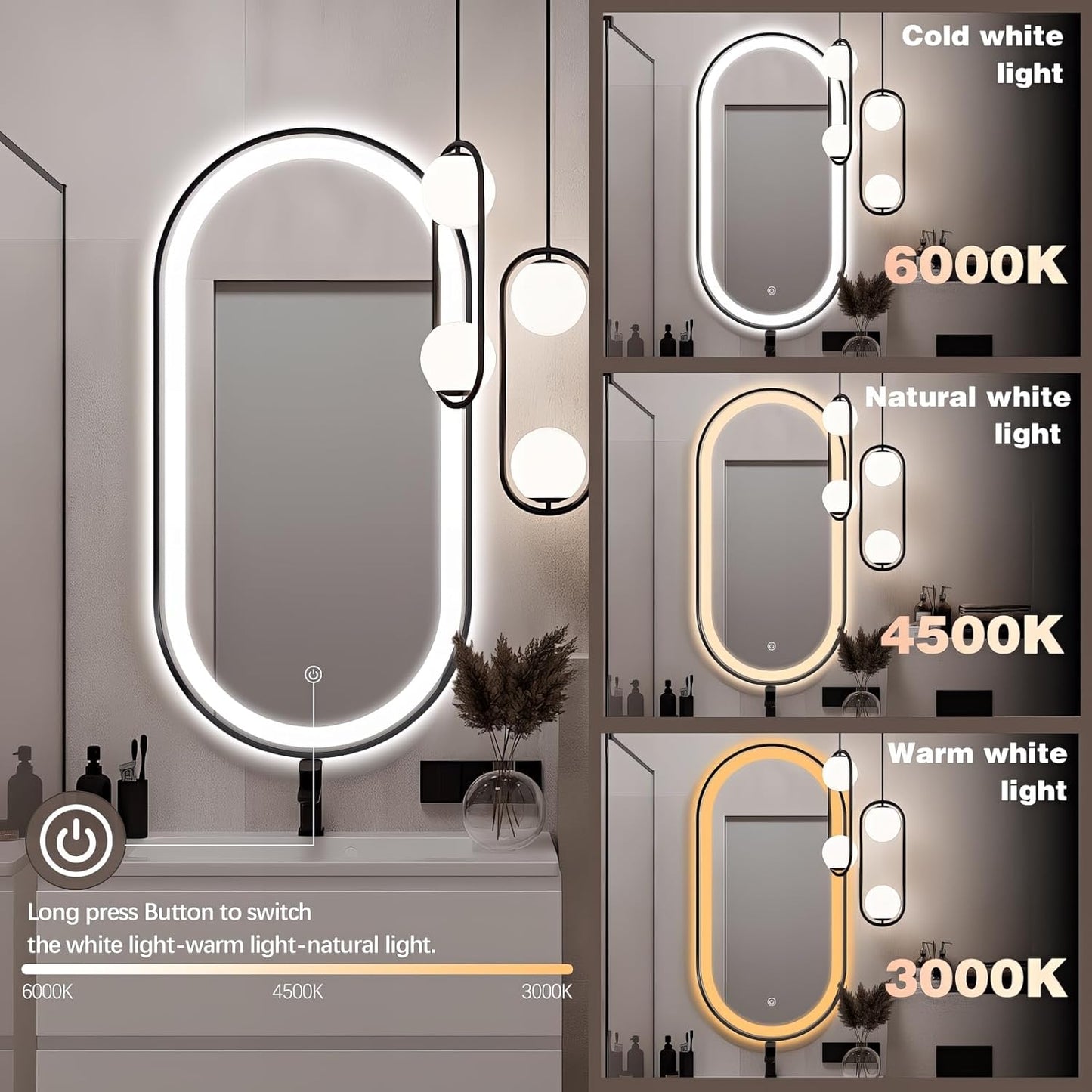 48" x 24" Oval LED Bathroom Mirror with Lights, Black Metal Framed Anti-Fog LED Vanity Mirror, Lighted Bathroom Mirrors Wall Mounted, Stepless Dimmable, Shatter-Proof, Horizontal/Vertical