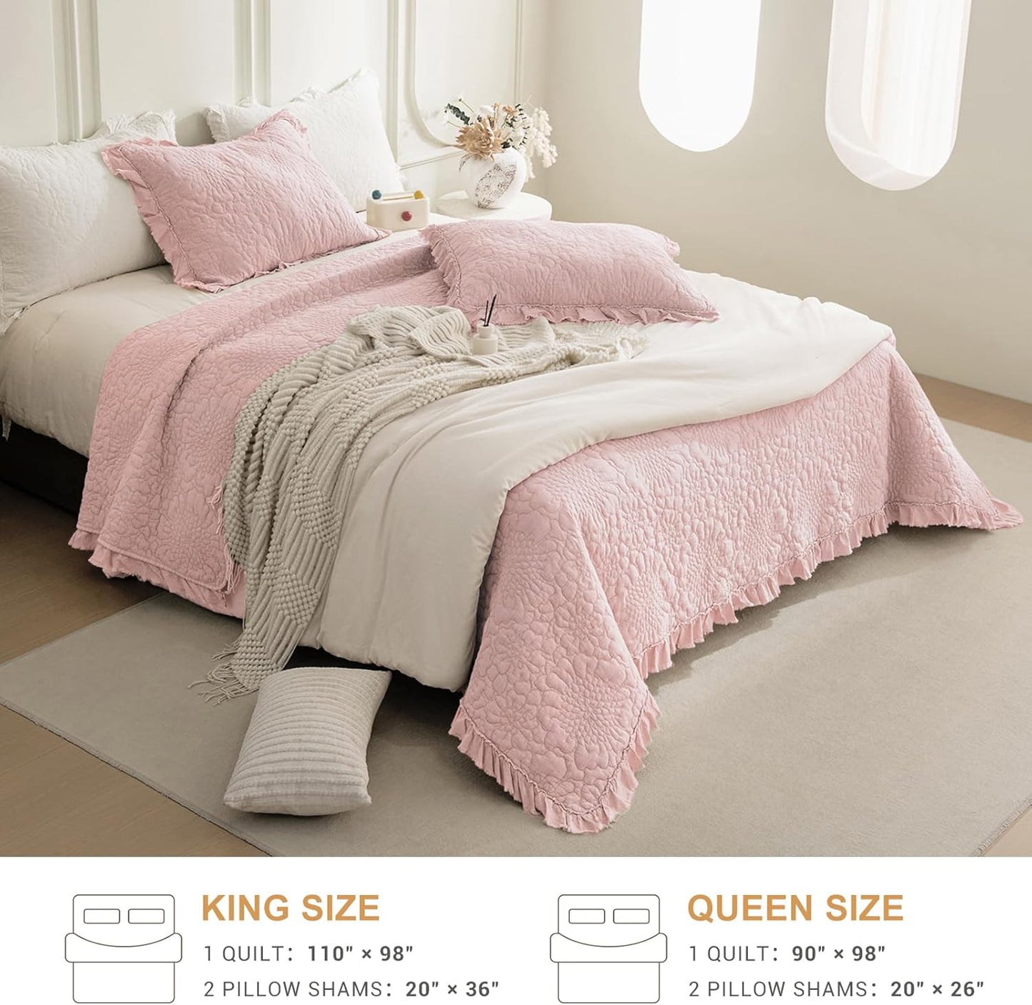 QSH 3PCs Blush Ruffled Quilt Queen Size (90"x98"),Stonewashed Cotton Quilt Set,Ultra Soft Lightweight Crinkled Bedspread Coverlet Queen Shabby Farmhouse Chic Bedspreads Bed Set with Pillow Shams