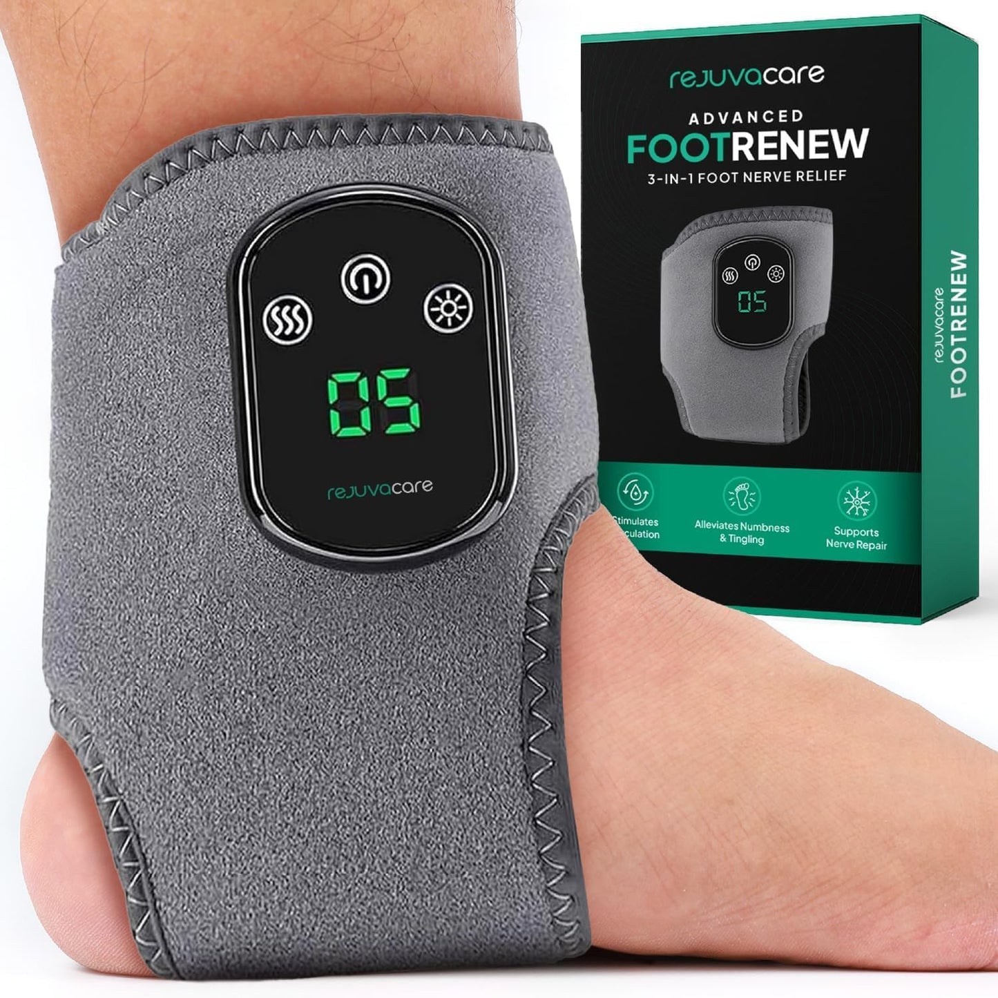 FootRenew Triple Method Massager – The Official - Electric Foot and Ankle Massager Heated Wrap with 3 Vibration Modes and 5 Heat Levels - Cordless Portable Design (1-Piece, 1, Count)