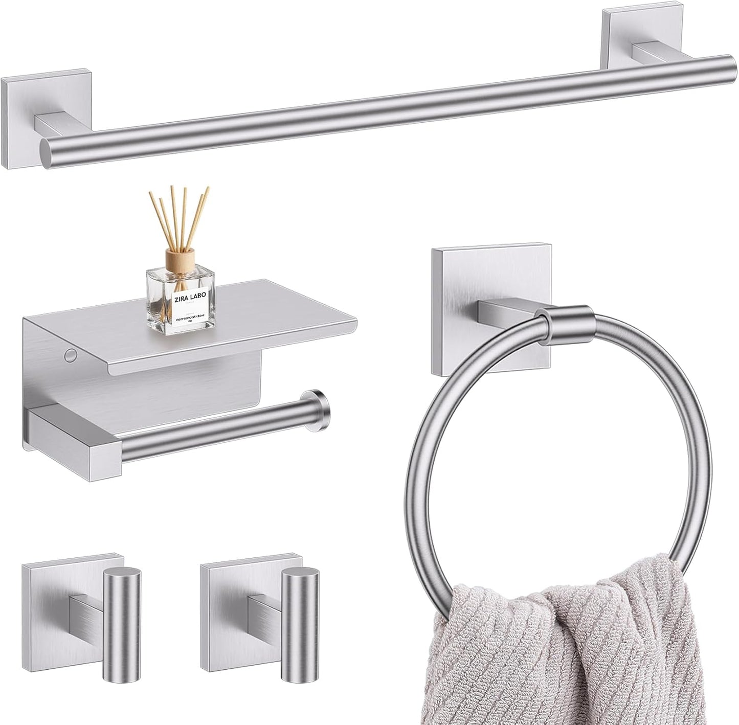 5-Piece Brushed Nickel Bathroom Hardware Set, SUS304 Stainless Steel Bathroom Accessories Set 23.6 inches Towel Bar, Toilet Paper Holder with Shelf, Towel Ring and Two Towel Hooks Wall-Mounted