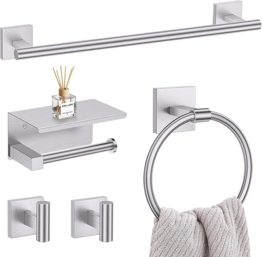 5-Piece Brushed Nickel Bathroom Hardware Set, SUS304 Stainless Steel Bathroom Accessories Set 23.6 inches Towel Bar, Toilet Paper Holder with Shelf, Towel Ring and Two Towel Hooks Wall-Mounted