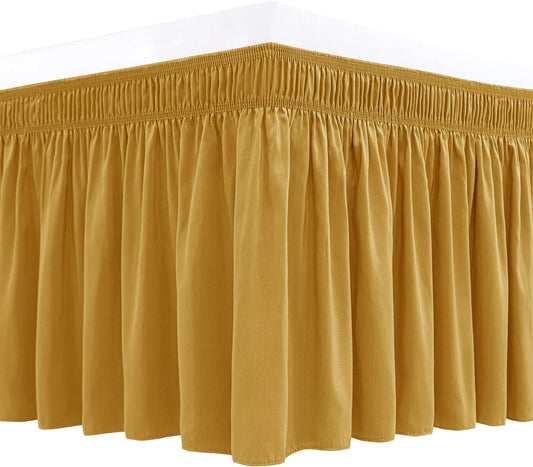 Biscaynebay Wrap Around Bed Skirts for Full & Full XL Beds 17" Long Drop, Gold Adjustable Elastic Dust Ruffles Easy Fit Wrinkle Resistant Silky Luxurious Fabric Machine Washable
