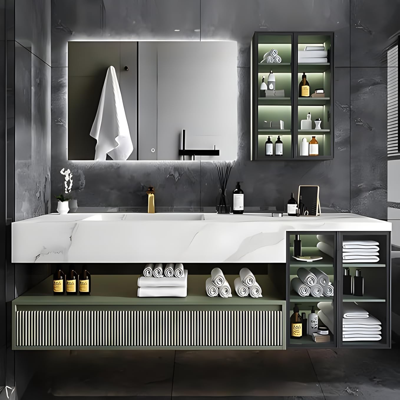 Floating Vanity for Bathroom, 40" Green Bathroom Vanity Set with LED Defog Mirror and Side Medicine Cabinet, Wall Mount Bathroom Storage Cabinet with Glass Door, Single Sink Bath Vanities - Green
