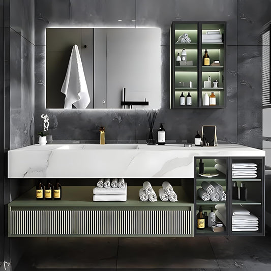 Floating Vanity for Bathroom, 40" Green Bathroom Vanity Set with LED Defog Mirror and Side Medicine Cabinet, Wall Mount Bathroom Storage Cabinet with Glass Door, Single Sink Bath Vanities - Green