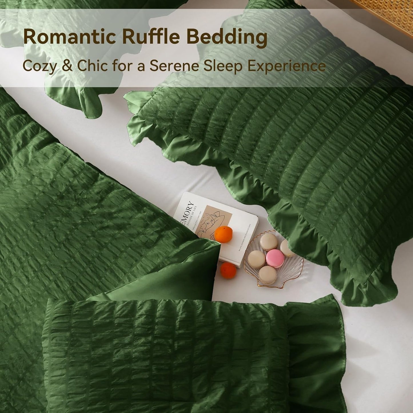 JOLLYVOGUE Dark Green Comforter Full Size, 3 Pieces Seersucker Lightweight Full Size Bedding, All Season Fluffy Microfiber Bedding Comforter Set with 1 Ruffle Comforter and 2 Ruffle Pillowshams