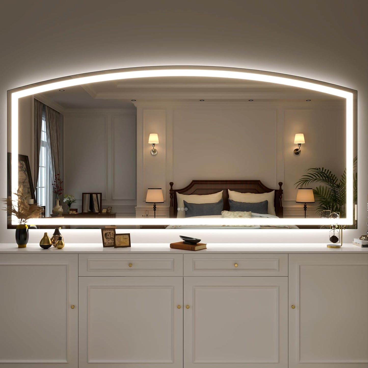 Hasipu 84x40 Inch LED Bathroom Mirror Arch Vanity Mirror with Lights Frontlit Smart Touch Sensor Dimmable 3 Colors Temperature Shatterproof Wall-Mounted Vanity Mirror Metal Frame