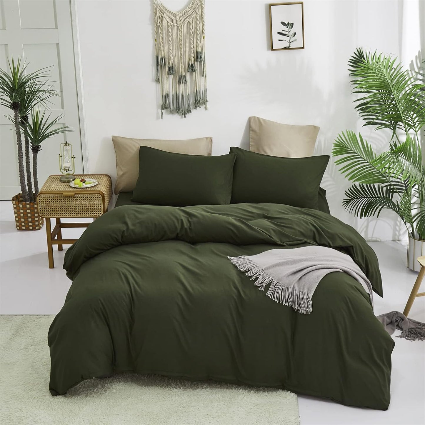 Cottonight Army Green Comforter Set California King Olive Green Bedding Set Cal King Dark Color Solid Blanket Quilts Modern Soft Breathable 3 Piece Comforter Set for Women Men