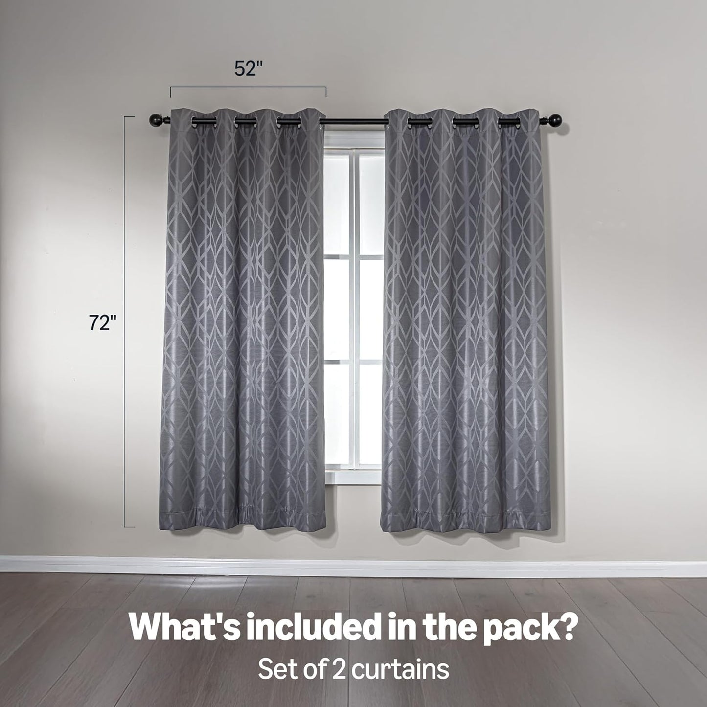 Amazon Basics Jacquard 2-Piece 100% Blackout Curtains, Living Room and Bedroom Drapes, Thermal Insulated Window Treatment, 52"x72", Grey