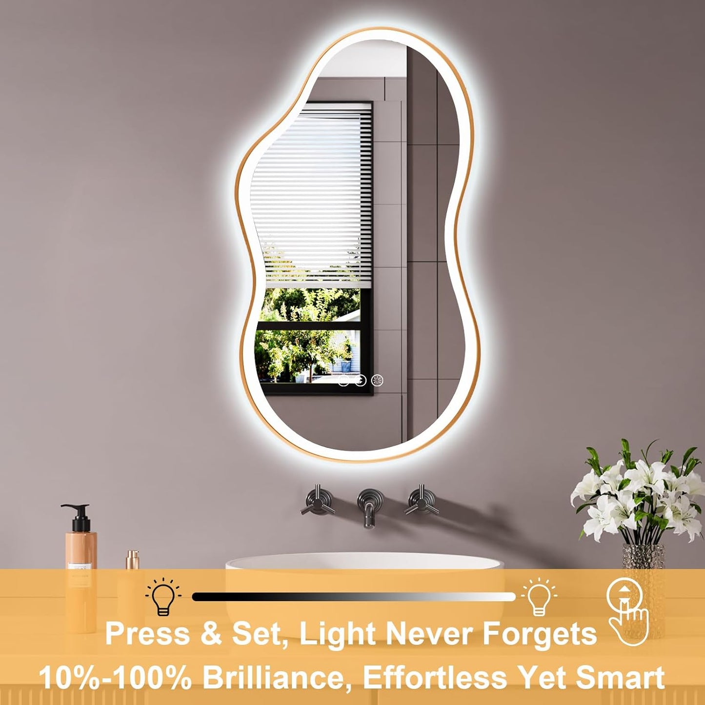 WTTY LED Irregular Bathroom Mirror 20x36 Inch with Front & Back Lights - Asymmetrical Design, Anti-Fog, Dimmable 3 Color Temperatures, Shatterproof Glass, Horizontal or Vertical Mount (Gold Frame)