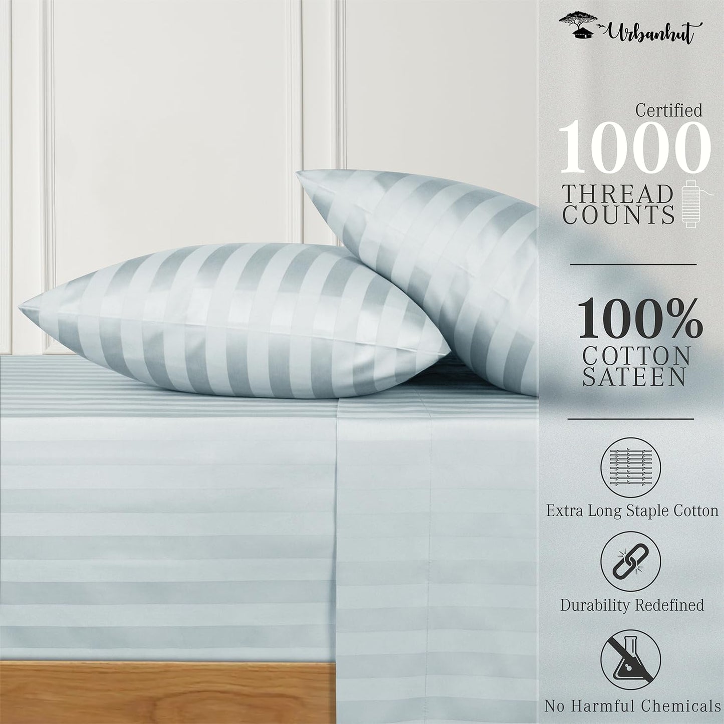 URBANHUT 1000 Thread Count Damask Striped King Sheet Set Egyptian Cotton, Long Staple Soft & Breathable, 4 Pc Bed Sheet Sets, Luxury Hotel Sateen Sheets Fits 16" Deep Pocket - Light Blue