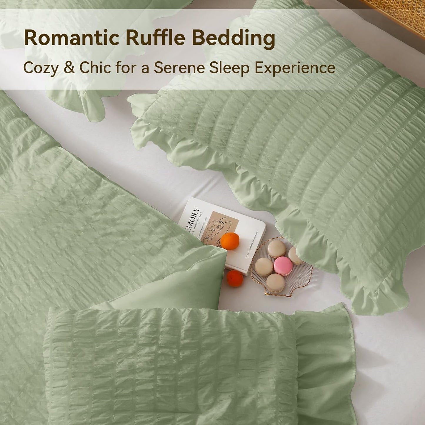 JOLLYVOGUE Sage Green King Comforter Set, 3 Pieces Seersucker Comforters King Size, Lightweight & Fluffy Bedding Sets King for All Season with 1 Ruffle Comforter and 2 Ruffle Pillowshams