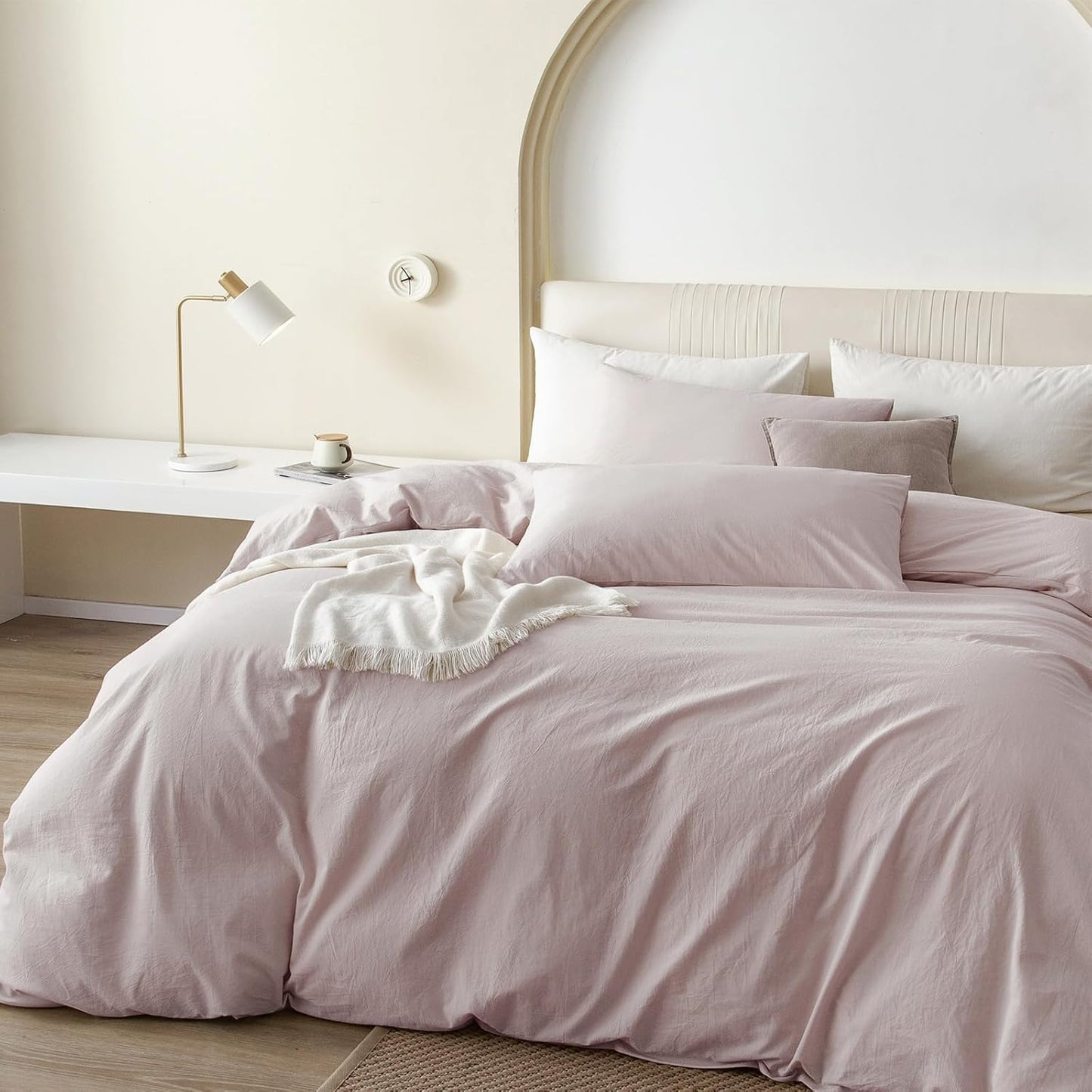 JIYUAN 100% Washed Cotton Duvet Cover Set 3 PCS Oversized King Plus, 1 Duvet Cover 128"x120"(Comforter Not Included) and 2 Pillowcases,Linen Like Comfy and Breathable,Heathered Greyish Pink