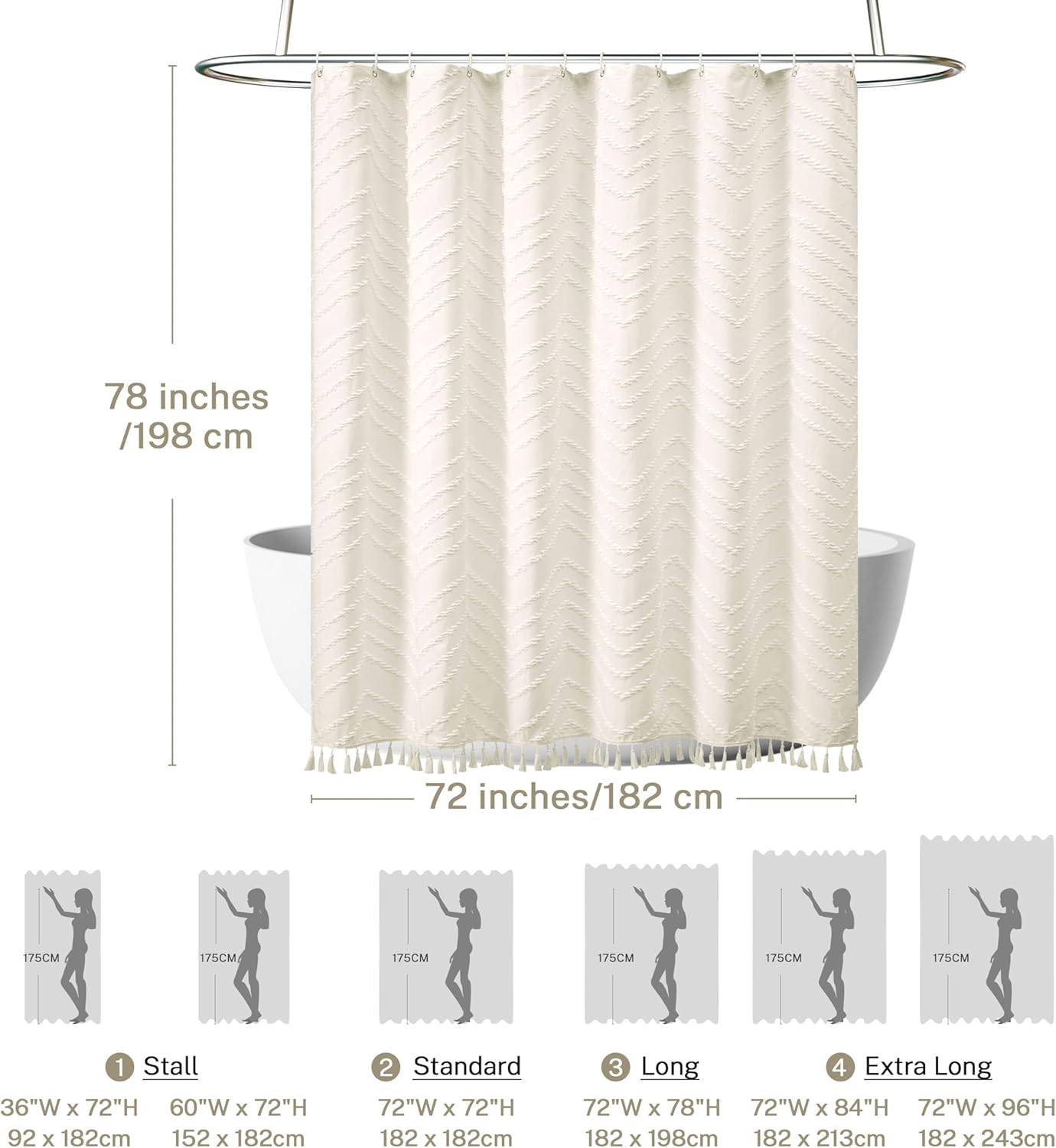 Farmhouse Boho Shower Curtain, Woven Fabric Cream Long, 72 x 78, Tufted Chevron Striped Modern Chic Textured Minimalist Bathroom Curtain