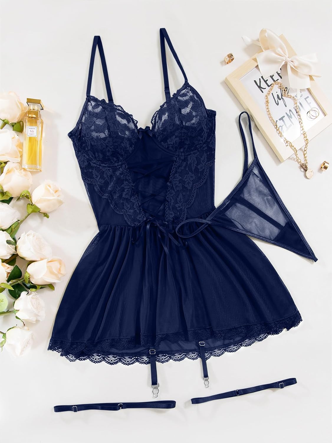Lilosy Sexy Garter Belt Mesh Lace Babydoll Lingerie Dress Set with Thong
