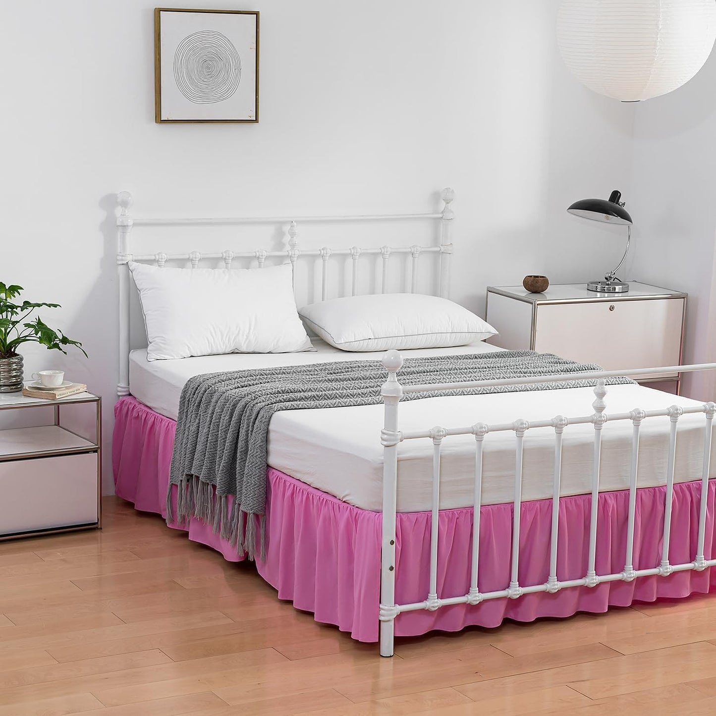 Bed Skirt Queen Size Ruffled Bed Skirt with Split Corners, 14 Inch Drop Dust Ruffle Bed Skirt with Platform, 14 Inch Drop, Pink