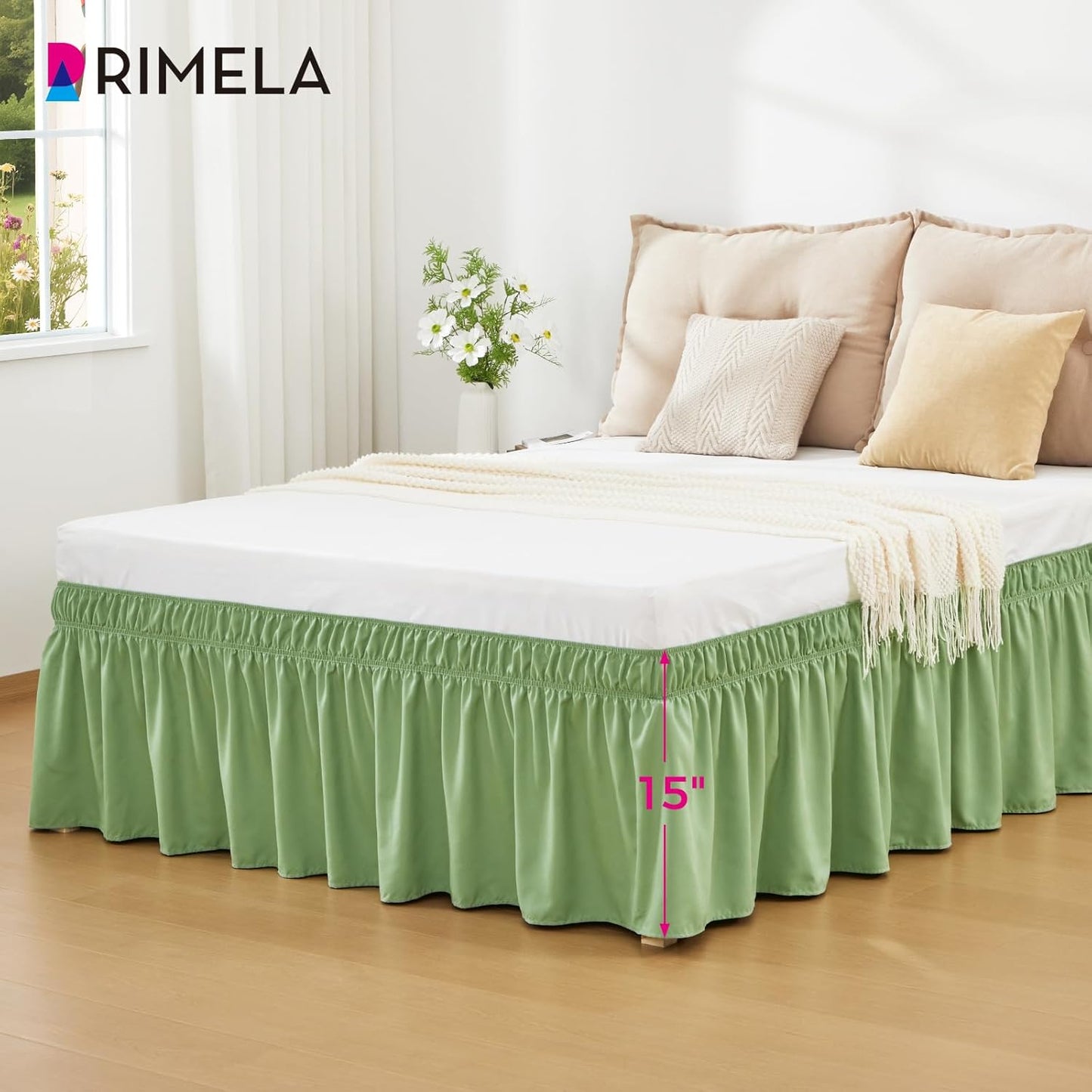 RIMELA Light Green Bed Skirt King Size 15 Inch Drop, Elastic Bed Skirting for Bed Base and Frame, Bedding Dust Ruffle Easy to Install, Lightweight Wrap Around Adjustable Bedskirt