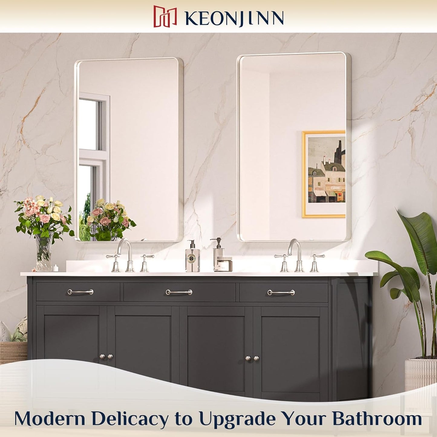 Keonjinn 40 x 24 Inch Brushed Nickel Bathroom Mirrors for Over Sink, Rounded Rectangle Silver Bathroom Vanity Mirror, Farmhouse Mirror for Wall, HD Tempered Glass, Anti-Rust Aluminum Alloy Mirror