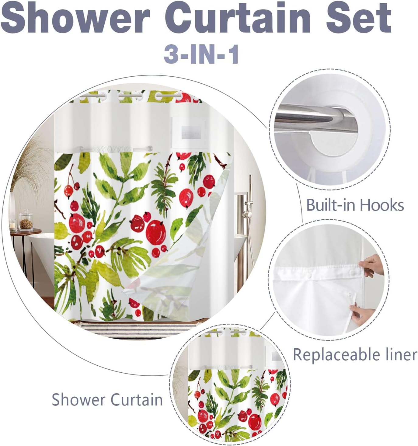Floral Shower Curtain No Hooks with Snap-in Liner,Botanical Shower Curtains,Watercolor Fabric Holly Berry Shower Curtain Set,with See Through Top Window for Bathroom Decor,71 x 74 Inch